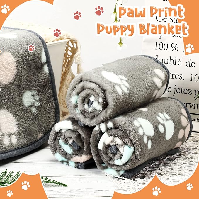 Tatuo 4 Pack Fleece Dog Blankets for Puppy Cats Multi-Size Sleep Mat for Pet Guinea Pig Soft Washable Warm Crate Bed Puppy Teething Toys Print Pattern Blanket Indoor(Dark Gray,30 x 20.5 Inch,Paw)