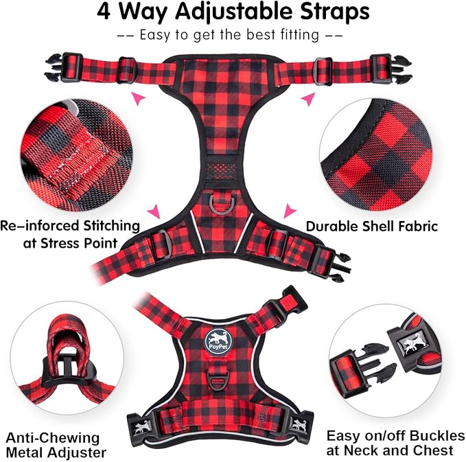 PoyPet No Pull Dog Harness, [Release at Neck] Reflective Adjustable No Choke Pet Vest with Front & Back 2 Leash Attachments, Soft Control Training Handle, Plaid(Checkered Red, XS)