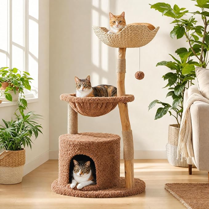 MUTTORS Modern Cat Tree for Indoor Cats, 40 Inches Natural Solid Wood Cat Tower for Large Cats, Aesthetic Cat Furniture with Top Rattan Basket, Hammock & Scratching Post, Brown