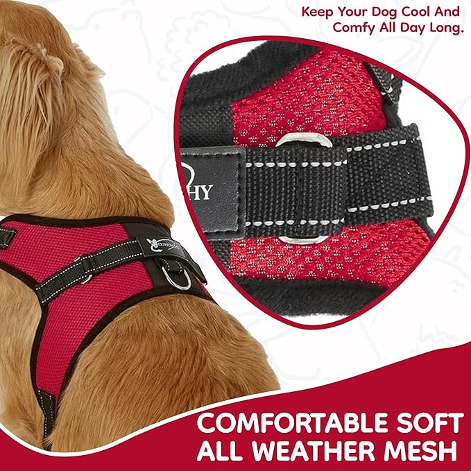 No Pull Reflective Adjustable Dog Harness with Handle- Comfortable Soft All Weather Mesh, Easy On Puppy Harness for Small Medium and Large Dogs (Red) Large