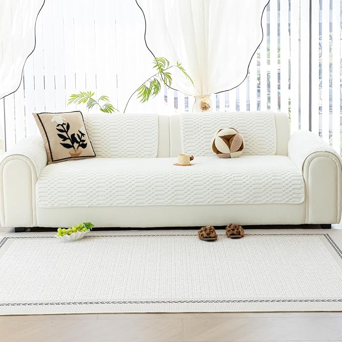 Plush Warm Sofa Covers Washable, Funny Fuzzy Couch Cover for Dogs Washable, Non-Slip Couch Covers for Recliner, Soft Sofa Slipcover for Pet & Kid(1PC, Beige White, 28"×28", Single Seater)