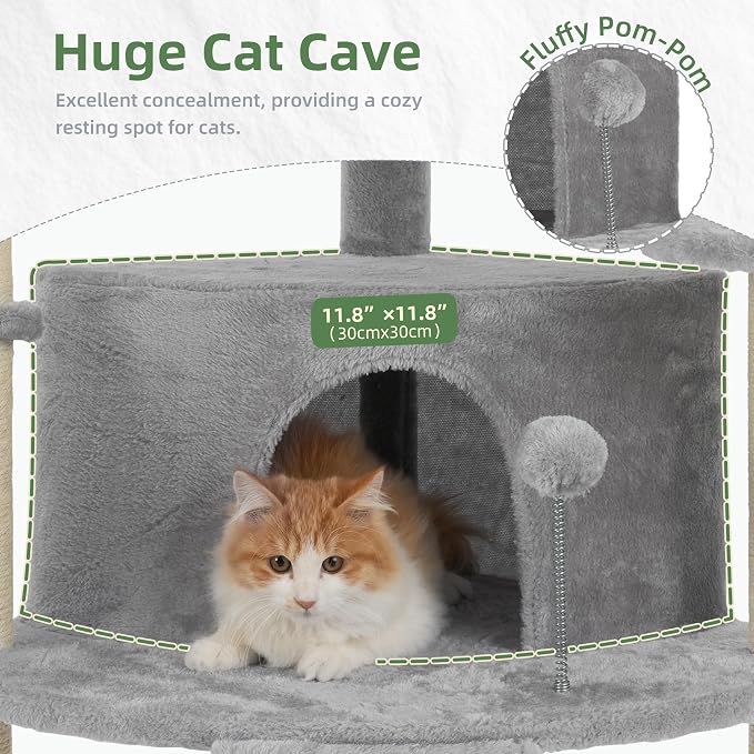 Gitelsnour Corner Cat Tree for Indoor Cats, Cat Tower with All Sisal Scratching Posts, Multi-Level Cat Condo wth Cat Cave, Large Top Perch, Hanging Basket, Sisal Ramp, Light Gray GCT025W