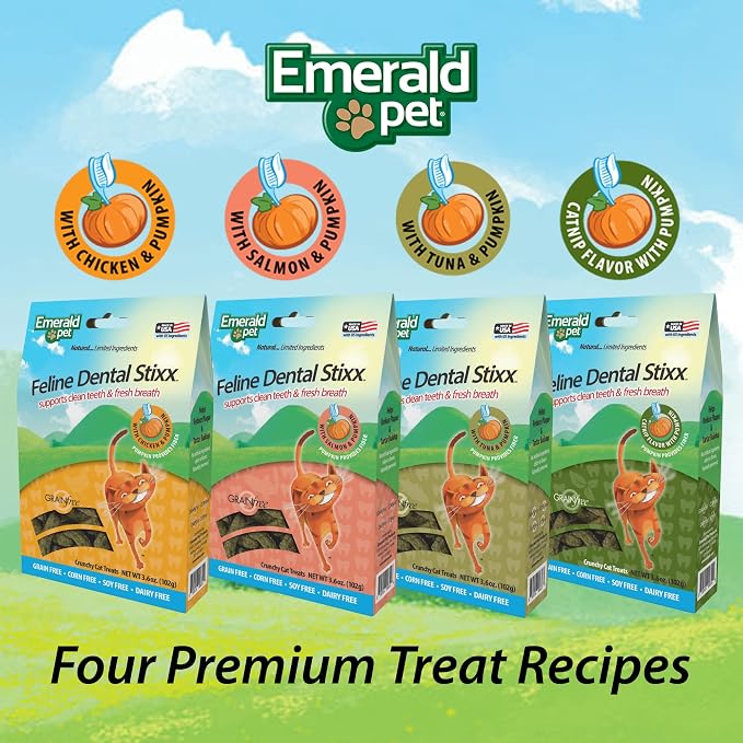 Emerald Pet Grain-Free Tuna Cat Dental Treats – Crunchy Dental Sticks for Cats to Clean Teeth, Reduce Plaque & Tartar, Freshen Breath – Pumpkin for Digestive Health, Natural Cat Chews, 3.6 oz