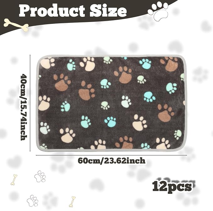 12 Pcs Small Dog Blanket Fleece Puppy Blankets Washable Pet Blankets for Cats Soft Flannel Paw Printed Throw for Guinea Pig Indoor Kittens Doggie (23 X 16 Inch,Dark Gray)