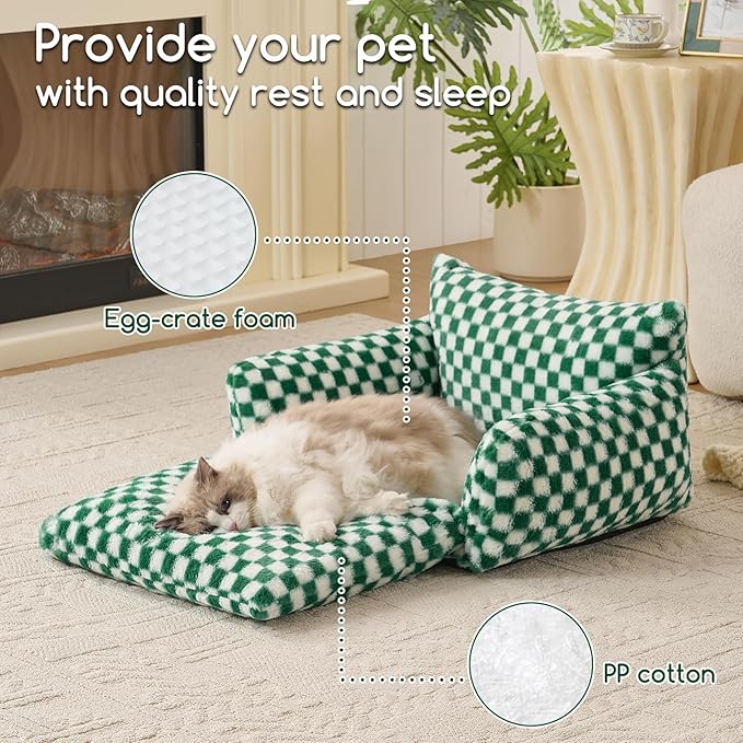 Hollypet Cat Bed Fluffy Plush Multifunctional Double-Layer Machine Washable Soft Warming Kitty Pet Couch Orthopedic Nest Beds for Small Cats and Dogs up to 13lbs, Forest Green ＆ White(25x20x13in)