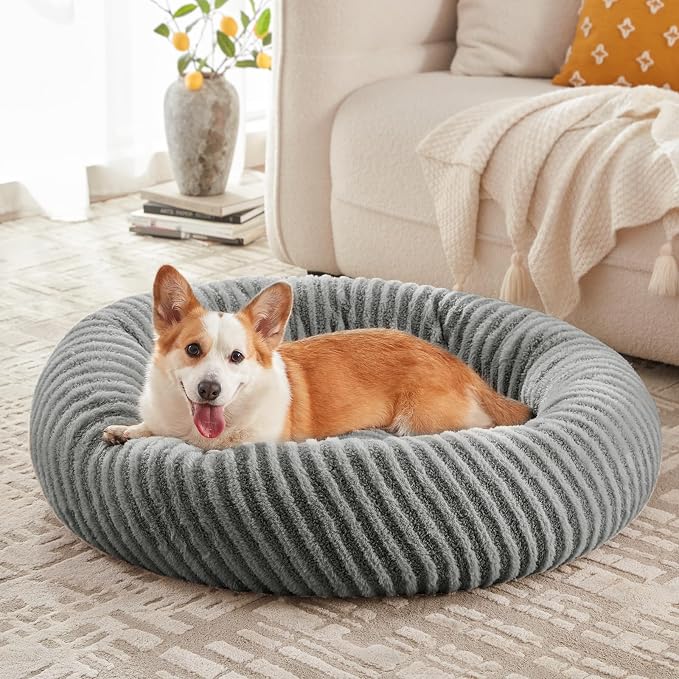 MIXJOY Dog Bed Medium Size Dogs, Washable Medium Dogs Bed with Removable Cover, Cozy Donut Dog Ded Fluffy Plush Faux Fur Pet Bed with Anti-Slip Bottom, 30"x30"x8", Grey
