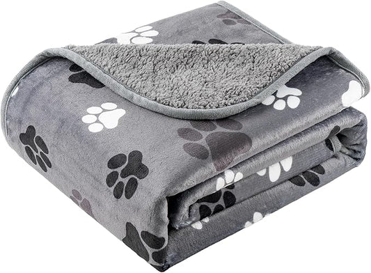 Waterproof Dog Blankets Pet Blanket, 30"x40" Cat Blanket for Indoor Cats, Soft Fluffy Sofa Car Bed Protector, Reversible Sherpa Fleece Puppy Blanket for Small Medium Dogs(Dark Grey-Paws)