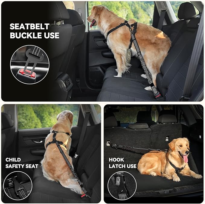 Pawaboo Dog Seat Belt Harness for Car, Dog Car Harness Seatbelt with Double Clips, Adjustable Breathable Pet Vest & Dogs Safety Tether with Elastic Bungee for Small Medium Large Pet, XXL, Black