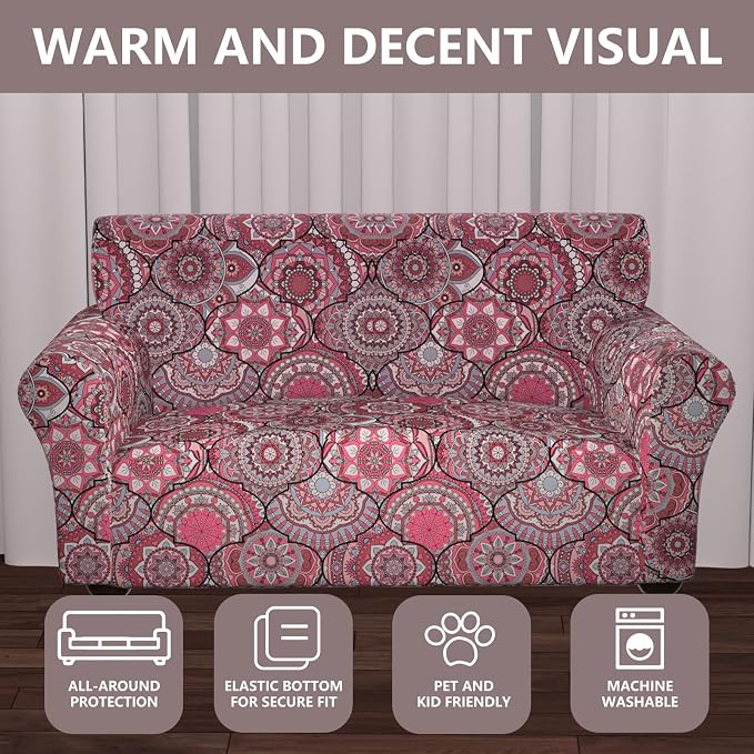 Stretch Couch Covers for 2 Separate Cushion Couch Sofa - Floral Printed Couch Sofa Cover ,Washable Sofa Slipcover,Pet Friendly Furniture Protector with Elastic Bottom,Universal Fit for Home(Loveseat)
