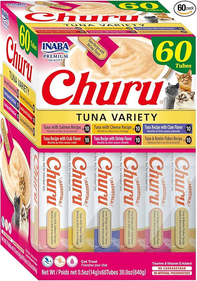 INABA Churu Cat Treats, Lickable, Squeezable Creamy Purée Cat Treat with Green Tea Extract & Taurine, 0.5 Ounces Each Tube, 60 Tubes, Tuna Variety Box