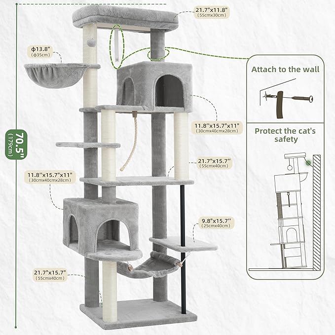 Gitelsnour Cat Tree for Indoor Cats Large Adult, 70.5'' Cat Tower with Scratching Post, Sturdy Steel Pube Cat Tree Tower with Large Playing Platfrom, Hammock and Basket, Top Perch, Light Gray GCT024W