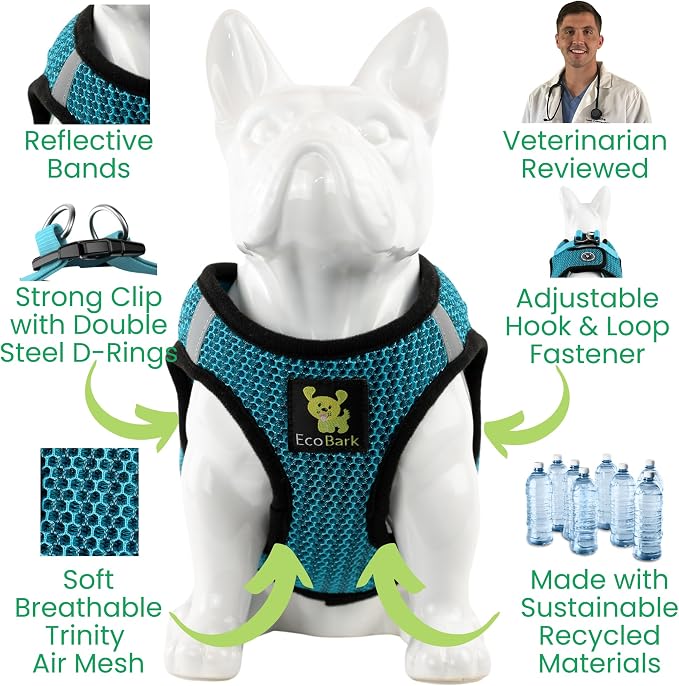 EcoBark Small Dog Harness - Luxury Soft Step in Dog Harnesses for Puppy in Aqua Blue - Secure Halter Vest - Reflective & Adjustble Body Halter Wrap