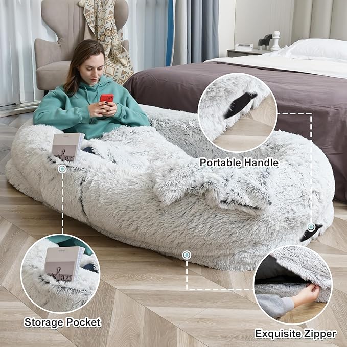 YAEM Human Dog Bed, 71"x45"x12" Calming Human Size Dog Bed for Adults, Washable Faux Fur Orthopedic Floor Beds, Waterproof Napping Pet Beds for People with Non-Slip Bottom, Grey
