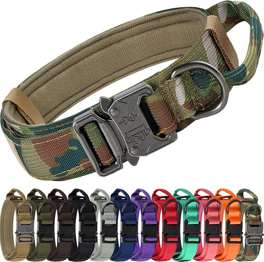 Joytale Tactical Dog Collar with Handle and Metal Buckle, Heavy Duty Padded Military Collar with 2 Patches for Training, Adjustable for XLarge Dogs, Camouflage, XL