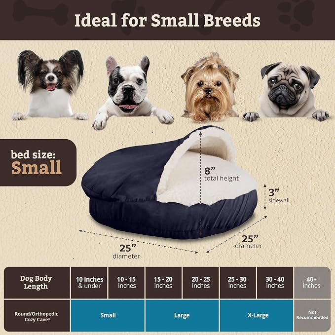 Snoozer Cozy Cave Dog Bed - Indoor Dog Bed with Cover Cave, Covered Calming Burrow for Small Sized Pets with Blanket Attached, Enclosed, Removable Washable Cover - Small, Navy