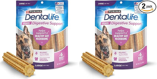 Dentalife Plus Digestive Support Dog Treats for Large Dogs 40 lbs. and up, Cleans Teeth, Freshens Breath, & Supports Healthy Gut, Chicken & Pumpkin Flavor, 7 oz., 6 Chews - 6 ct. Pouch (Pack of 2)