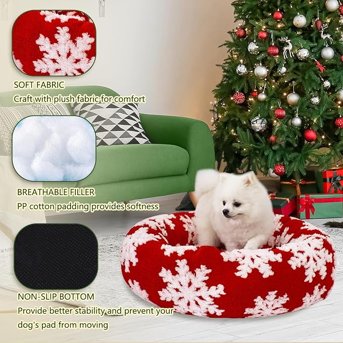 23 Inch Christmas Snowflakes Calming Dog Bed for Small Dogs Cats, Kitty Puppy Round Anti-Anxiety Warm Bed, Soft Cozy Anti-Slip Donut Washable Pet Bed, Fits up to 30 lbs Pets