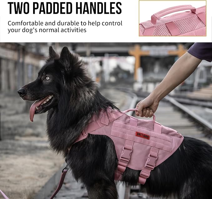 OneTigris Tactical Dog Harness for Small Dogs, No Pull Small Dog Vest Harness with Handles Breathable Military Dogs Molle Vests, Harness for Walking Hiking Training (Pink, XS)