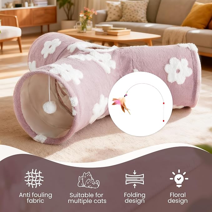 Tempcore Flannel Cat Tunnel for Indoor Cats, 3 Way Collapsible Pet Play Tunnel with Teaser Wand, Peek Holes & Hanging Ball, Interactive Tube for Kittens & Rabbits, Daisy Burlwood