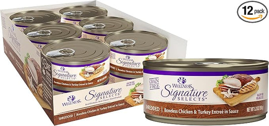 Wellness CORE Signature Selects Shredded Adult Canned Wet Cat Food, Natural, Protein Rich, Grain Free, Chicken and Turkey Entrée Recipe, 5.3 oz, Pack of 12 Cans