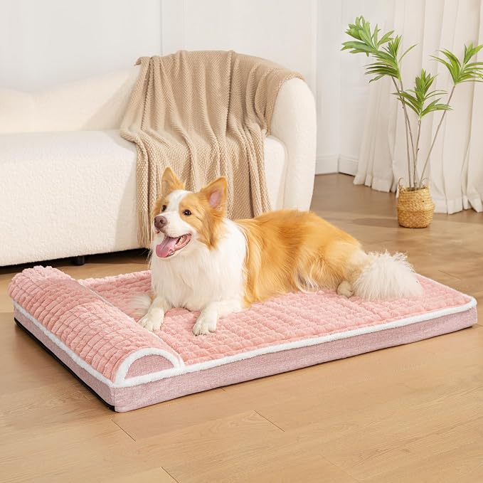 Orthopedic Jumbo Dog Bed Large Sized Dog with Pillow 56''X40'' Waterproof Soft Comfortable Egg Crate Foam Pet Crate Beds Mat with Removable Washable Cover and Non-Slip Bottom, Pink