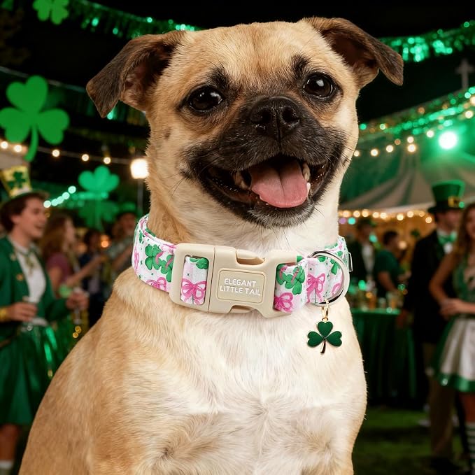 Elegant little tail St Patrick's Dog Collar - Green Cute Clover Cotton Shamrock Pet Collar Trefoil Adjustable Cotton Pet Collar with Quick Release Buckle for Small Dogs