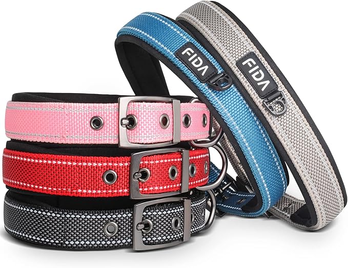 Fida Heavy Duty Dog Collar, Ultra Comfortable Soft Neoprene Padded, Adjustable Reflective Nylon Pet Collar with Durable Metal Belt Buckle for Small Breeds (S, Black)
