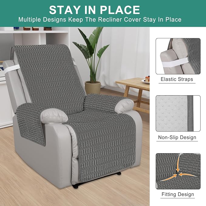 Foxdecor Recliner Chair Covers, Recliner Cover Non-Slip Chair Covers, Washable Recliner Couch Cover Furniture Protector, Cover for Recliner Chair with Elastic Straps. (Dark Grey, 23" W)