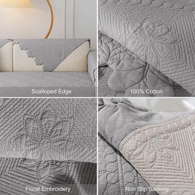 Cotton Quilted Dog Couch Cover for Sofa Farmhouse Rustic Embroidery Sectional Couch Cover Soft Anti-Slip Sofa Slipcover Furniture Protector for Kids, Pets (Grey,43"x82")