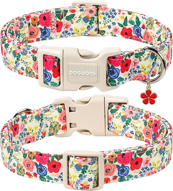 DOGWONG Spring Floral Dog Collar, Cute Girl Dog Collars - Wildflowers Puppy Collar, Adjustable Breathable Female Dog Collars for Small Medium Large Dogs, Neck 11-16 inches