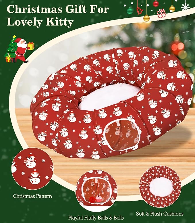 Pawaboo Cat Tunnel Bed Under Christmas Tree, 35.4'' Christmas Cat Toy Circle Tunnel with Ball, Cats Tunnels Christmass Tree Skirt Decorative Festive Foldable Kitty Tube Tunnels for Cats(Red Snowman)