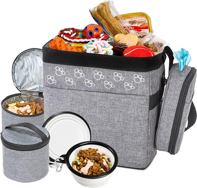 Dog Travel Bag with Treat Pouch, Airline Approved, 2 Food Containers, 2 Bowls，Grey，Small