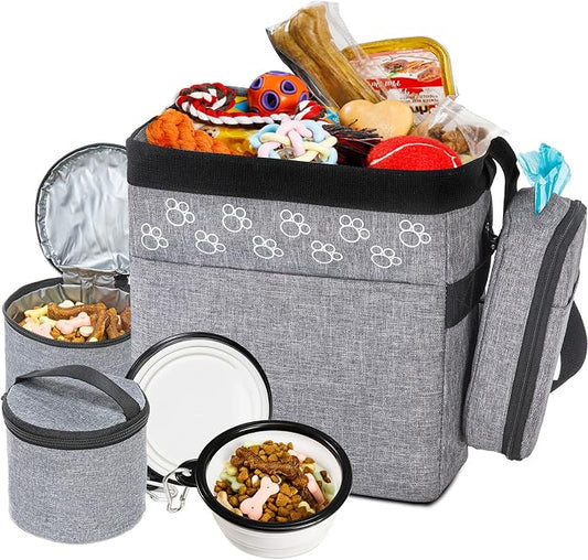 Dog Travel Bag with Treat Pouch, Airline Approved, 2 Food Containers, 2 Bowls，Grey，Small