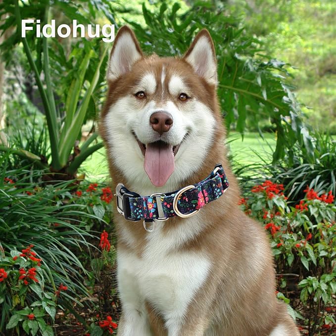 Slip Collar for Dogs Martingale Collar with Buckle Floral Adjustable Soft Nylon Dog Collars (Blue Pink Flower, Large)