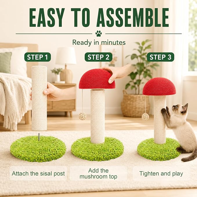 Mushroom Cat Scratching Post 11" for Kitten & Small Cats, Mini Cat Tree Stable Base, Natural Sisal Scratcher with Hanging Ball, Space Saving Indoor Cat Toy for Small Spaces and Apartments