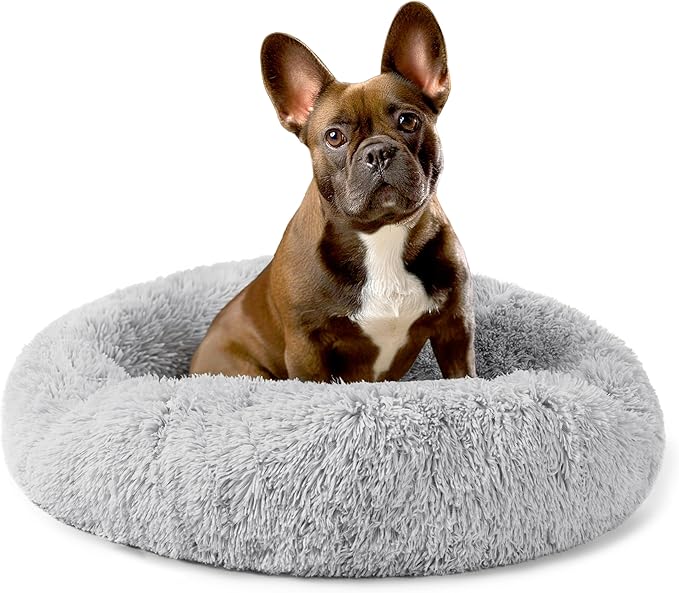 PetAmi Calming Dog Bed for Small & Medium Dogs, Cats & Puppy, Warming Round Donut Cuddler Bed, Anti-Anxiety Fluffy Shaggy Faux Fur Pet Bed, Machine Washable, Non-Slip Bottom, 23 Inch - Light Gray