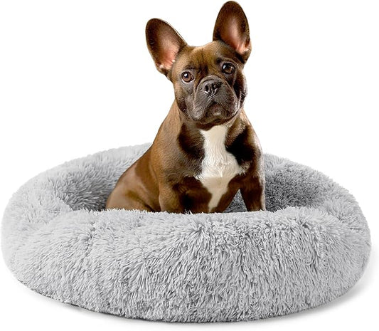 PetAmi Calming Dog Bed for Small & Medium Dogs, Cats & Puppy, Warming Round Donut Cuddler Bed, Anti-Anxiety Fluffy Shaggy Faux Fur Pet Bed, Machine Washable, Non-Slip Bottom, 23 Inch - Light Gray
