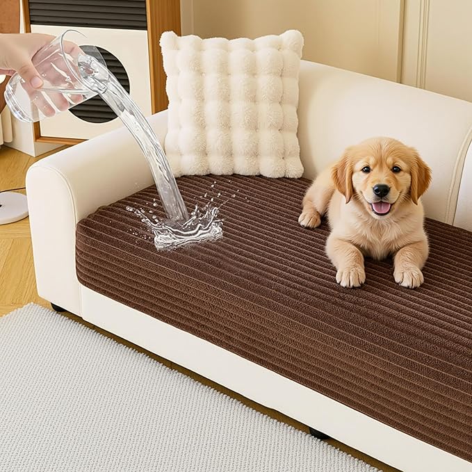 MYSKY HOME 100% Waterproof Couch Cover, Couch Covers for Dogs Washable, Non Slip Couch Covers for 3 Cushion Sofa Pet Friendly, Sofa Covers Slipcovers Furniture Protector Dog Bed Cover, Brown35 x82.7