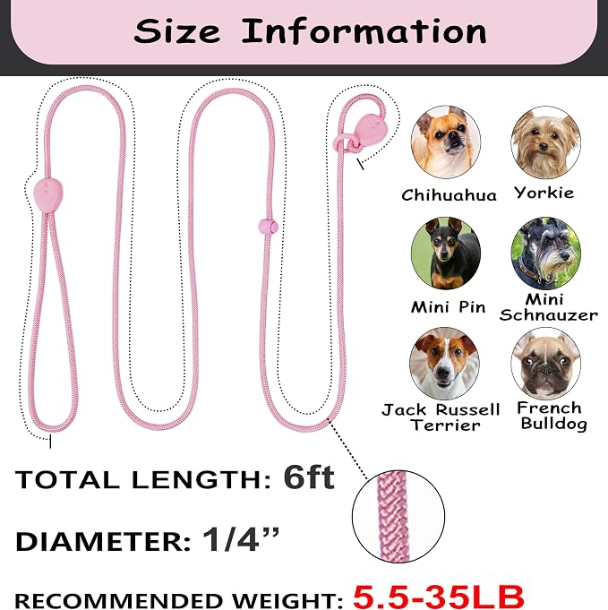 Slip Leash for Dogs 6FT Slip Lead Strong Dog Training Leash Heavy Duty Slip Leash No Pull Dog Slip Lead Comfortable Rope Dog Leash Lightweight Puppy Leash Dog Leash for Small Medium Dogs (Pink, 6FT)
