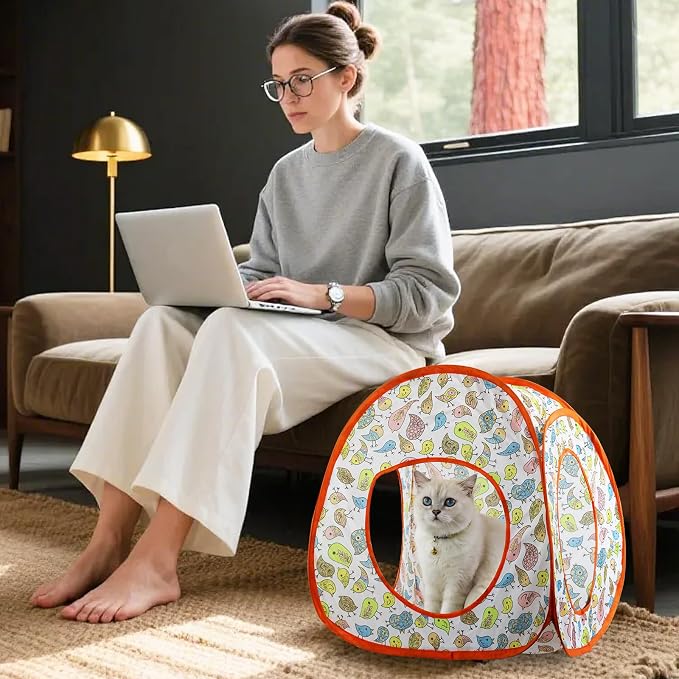 Andiker Cat Tent, 3 Holes Safe and Strong Cute Cats Tunnel Collapsible Easy to Carry Cat House for Indoor Cats Kittens Hiding Playing Training Sleeping (Tent Bird)