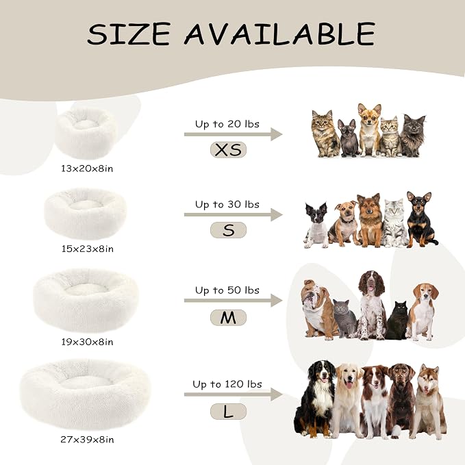 Bunlitent 23'' inch Calming Dog Bed, Anti-Anxiety Donut Small Dog Bed, Warming Cozy Soft Cute Round Washable, Marshmallow Cuddler Nest Puppy Dogs and Cats Bed, White