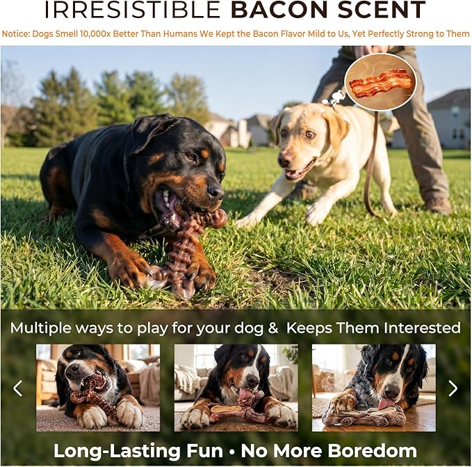Kseroo 3-Pack Indestructible Dog Chew Toys for Aggressive Chewers: Bacon Flavored Rock-Hard Solid Nylon, Tough Dog Bones for Medium/Large Dogs 25-90lbs, Heavy Duty Dog Toys to Keep Them Busy, Brown-XL