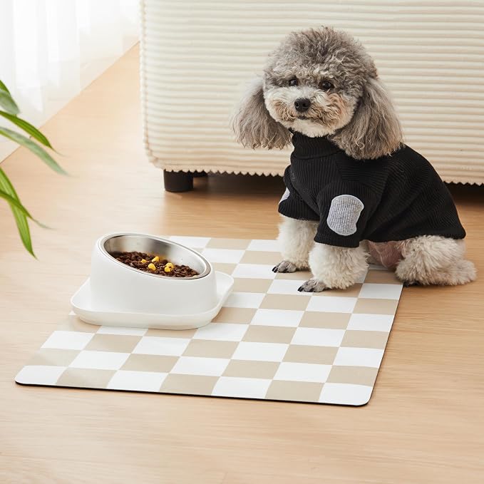 Checkered Dog Feeding Mat, Absorbent Mats for Dog Food and Water Bowl, Dispenser, Retro Aesthetic Beige Khaiki Checkerboard Pet Placemat for Dogs, Cats, Puppy Accessories, 16" X 24”