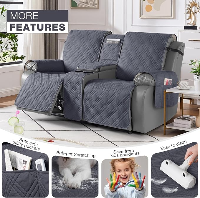 TAOCOCO Loveseat Recliner Cover with Console, Non-Slip Split Reclining Pet Cover for Dual Loveseat Recliner, Furniture Protector with Elastic Straps (2 Seater, Dark Grey)