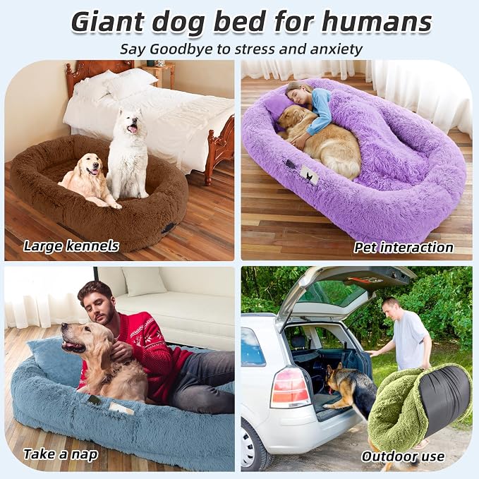 Human Dog Bed, 71''x45''x12'' Size Fits You and Pets, Washable Faux Fur Pet Bed for People Doze Off, Napping Orthopedic Dog Bed, Present Plump Pillow, Blanket, Strap - GrassGreen