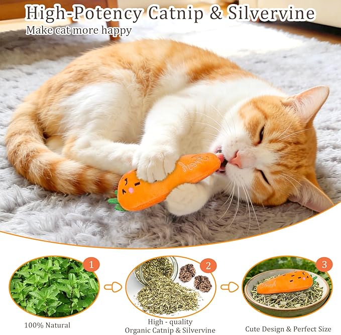 ETEKYER Catnip Cat Toys, 5 Pack, Plush Catnip Toys for Indoor Cats Kitten, Interactive Cat Nip Kitty Kicker Chew Safe Teeth Cleaning Toys, Fun Carrot Vegetable Shape