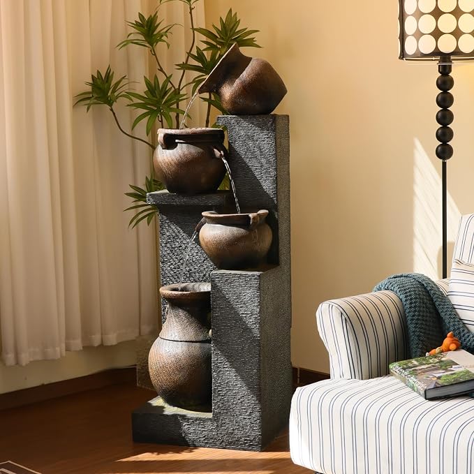 Resin Outdoor Water Fountain 4-Tier Jar Waterfall - Quiet Pump, LED Lights, Rustic Jar Cascading Water Feature for Garden Patio Backyard Decor, 53" H Fountain, Grey
