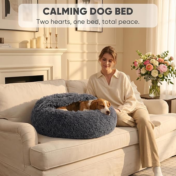 Himax Medium Dog Bed, Round Dogs Beds with Blanket Attached, Comfort Fluffy Calming Dog Bed Washable (20"/26"/35") Deep Grey