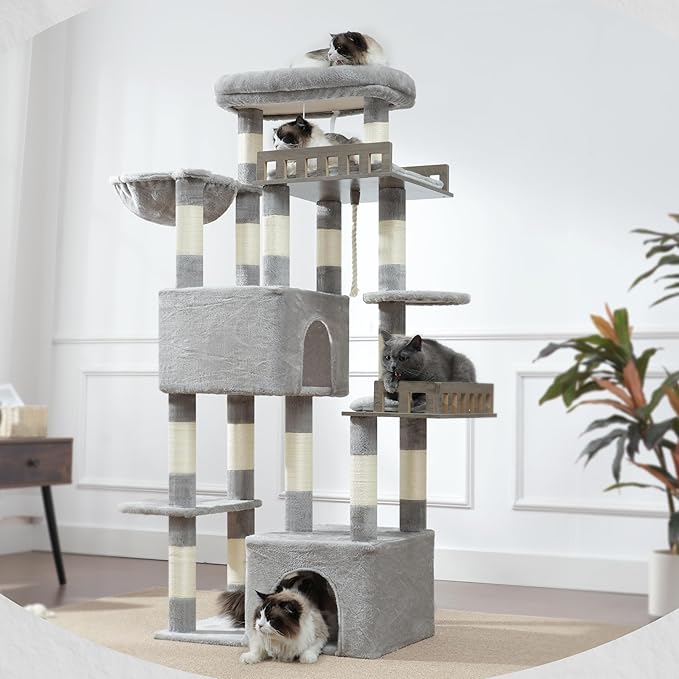 Gitelsnour Maine Coon Cat Tree, Heavy Duty Cat Tree for Indoor Cats Large Adult, Cat Tower for Large Cats 20 lbs+ with Hammock, 2 Big Perches, 2 Cat Condos, 15 Scratching Posts, Light Gray GCT033W