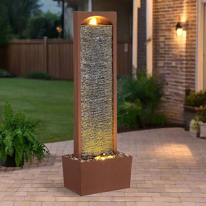 Teamson Home 38.5" Faux Slate Contemporary Outdoor LED Waterfall Fountain with Pebble Base, Red Rock